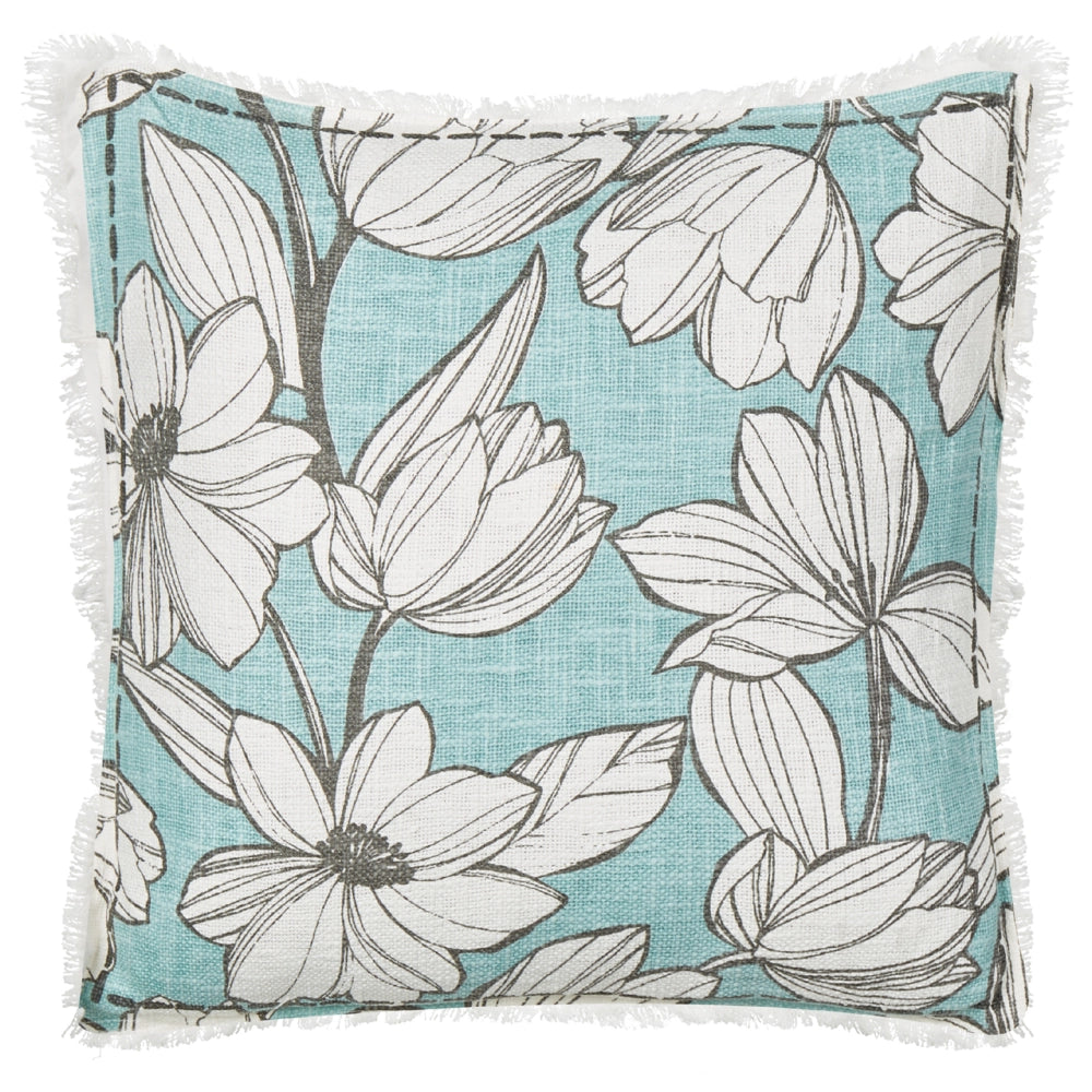 Set di 2 cuscini in cotone bianco e blu con motivo floreale e frange 45 x 45 cm con imbottitura stile boho