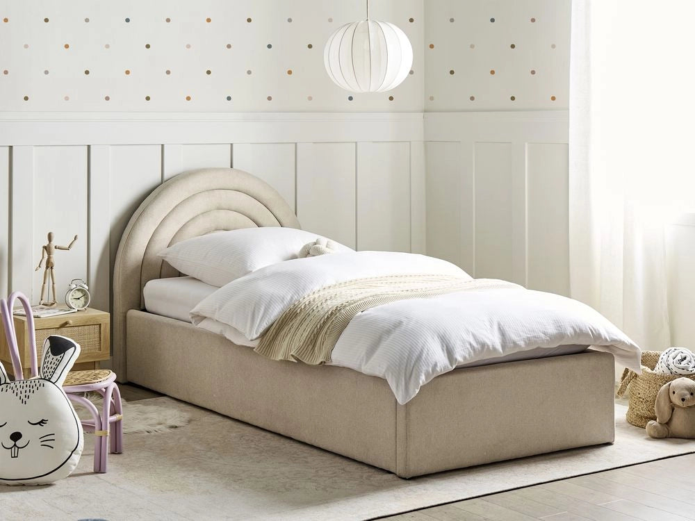 Letto singolo con testiera semicircolare in poliestere beige 90x200 cm base a doghe Testiera a Mezza Luna con contenitore