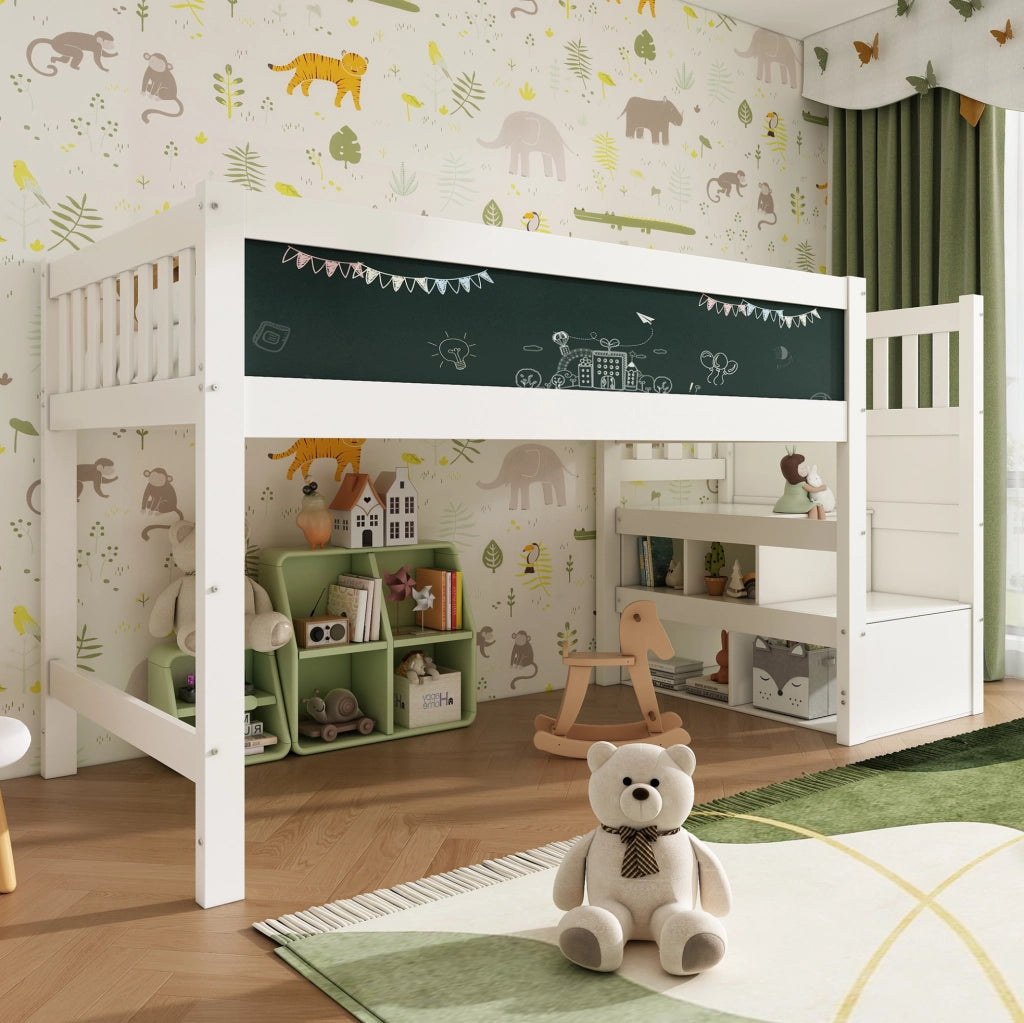 Letto a soppalco per bambini 90x200 cm in MDF e legno massiccio bianco con scala e lavagna