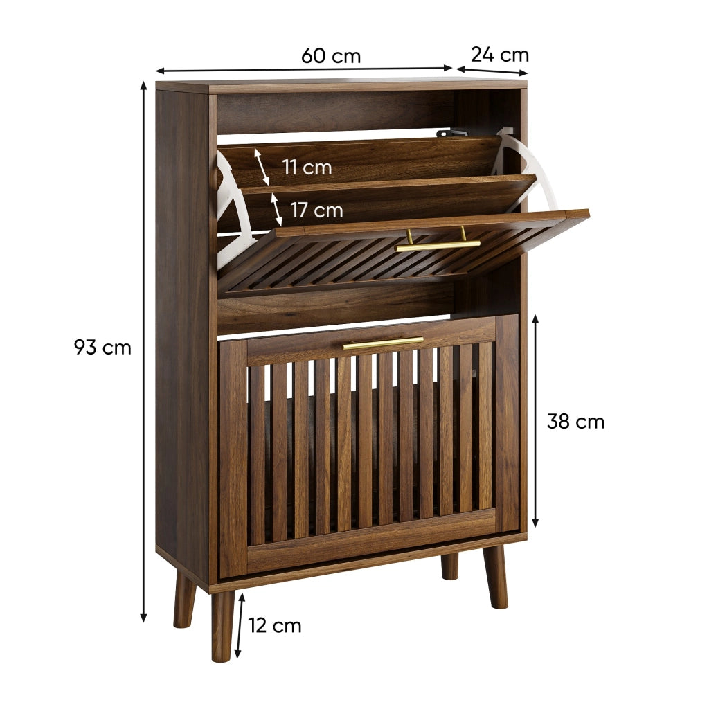 Scarpiera, mobile da ingresso, finitura in legno di noce, con sportello ribaltabile, traspirante, marrone