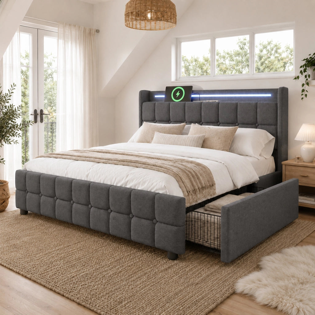LETTO 160x200 cm Grigio in legno con 4 cassetti, LED, USB e prese