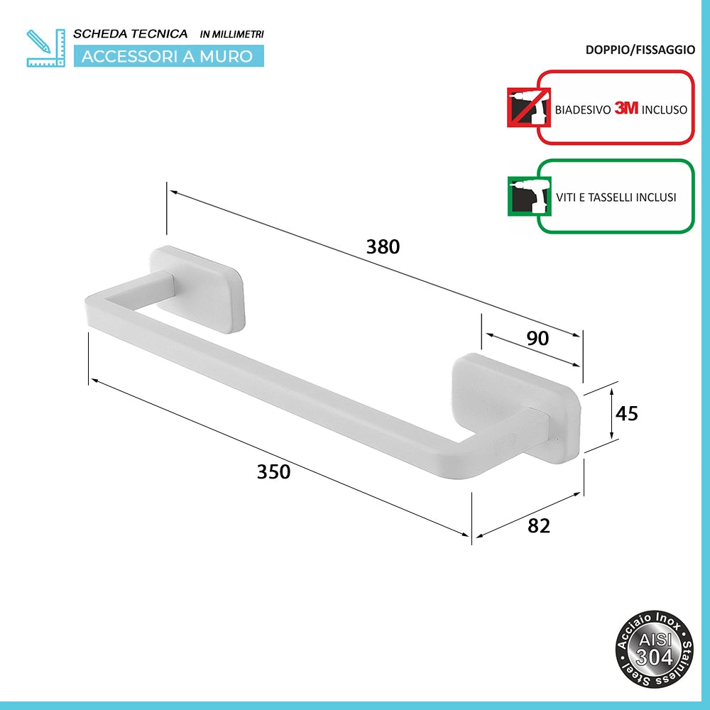 Set 3pz con appendino, porta rotolo e porta salviette a muro in acciaio bianco Cubik