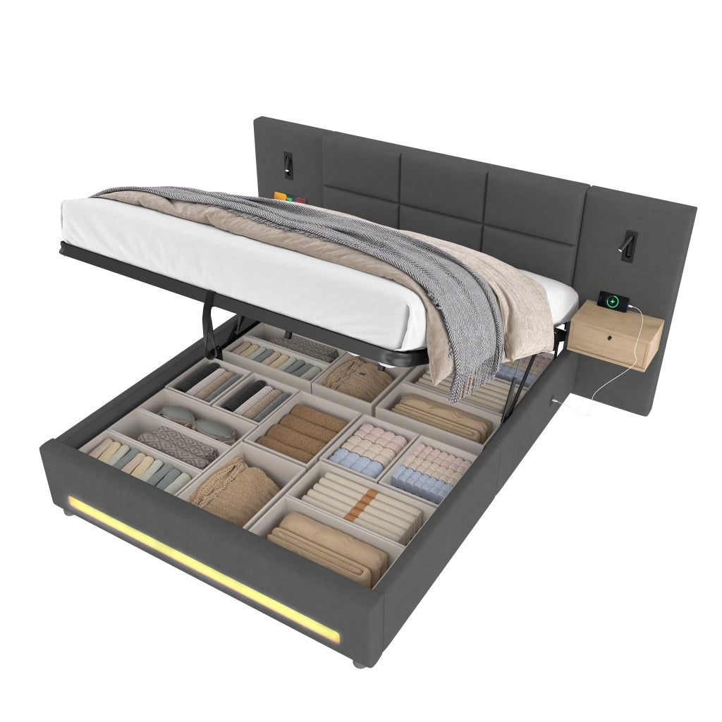 Letto matrimoniale 160x200 cm in velluto grigio scuro con testiera contenitore, LED, USB-C e vano salvaspazio