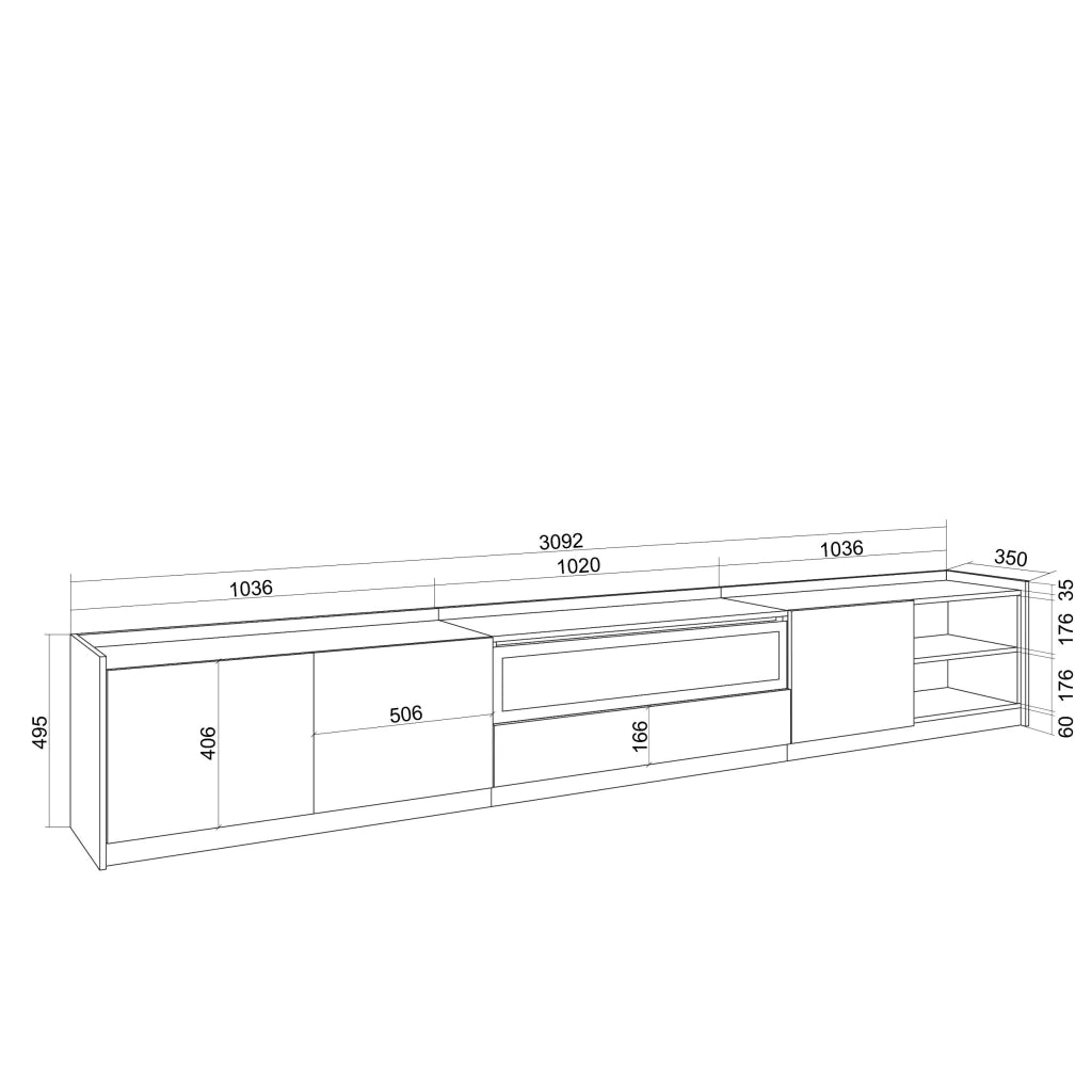 Mobile TV Soggiorno, 310x50x37 cm, Per TV fino a 80", Camino elettrico, LED, Bianco e Rovere soft