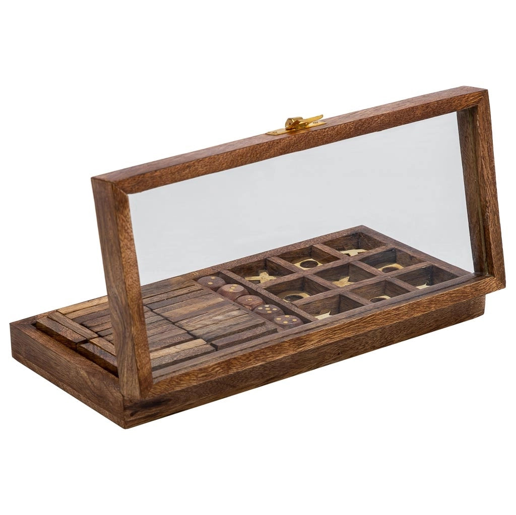 Gioco 3/1 (Domino+dadi+3 di fila) in scatola, legno marrone 28x13x5