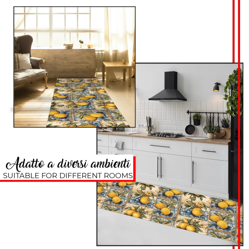 Tappeto Cucina Gomma Pvc Stampato Alta Risoluzione HD Antimacchia Antiscivolo Limoni Vintage - 51x40 Cm
