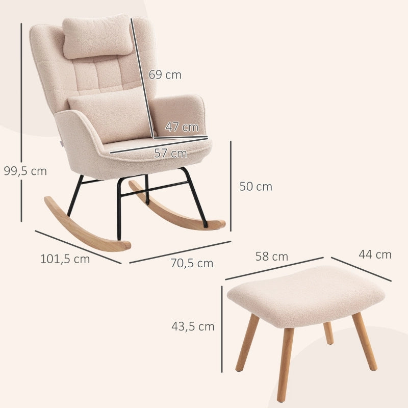 Poltrona a dondolo con poggiapiedi e cuscino schienale alto in poliestere e acciaio con gambe in legno beige