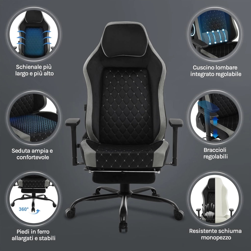 Sedia Gaming, Sedia da Corsa con Spugna Integrata a Lunga Durata e Supporto Lombare Adattivo Incorporato, Velluto, Nero + Grigio, GS05szg