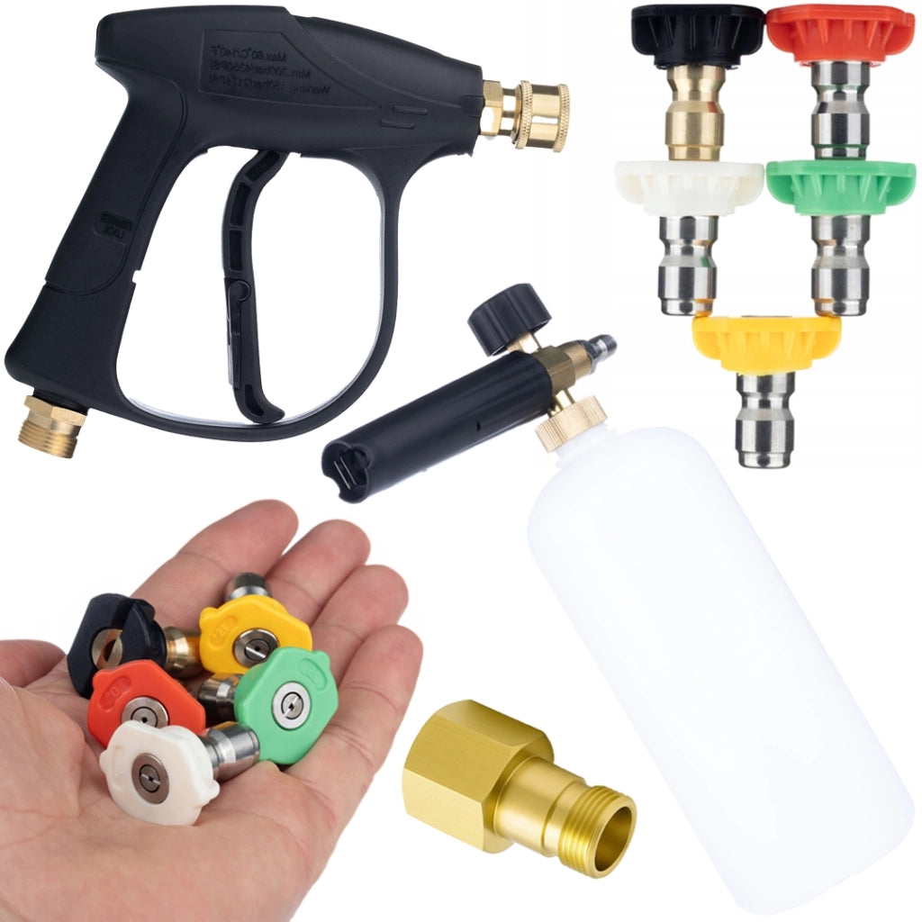 Pistola Alta Pressione 300 Bar con Set di 5 Ugelli + Adattatore Easy!Lock M22 + Schiumogeno 1L 200 Bar