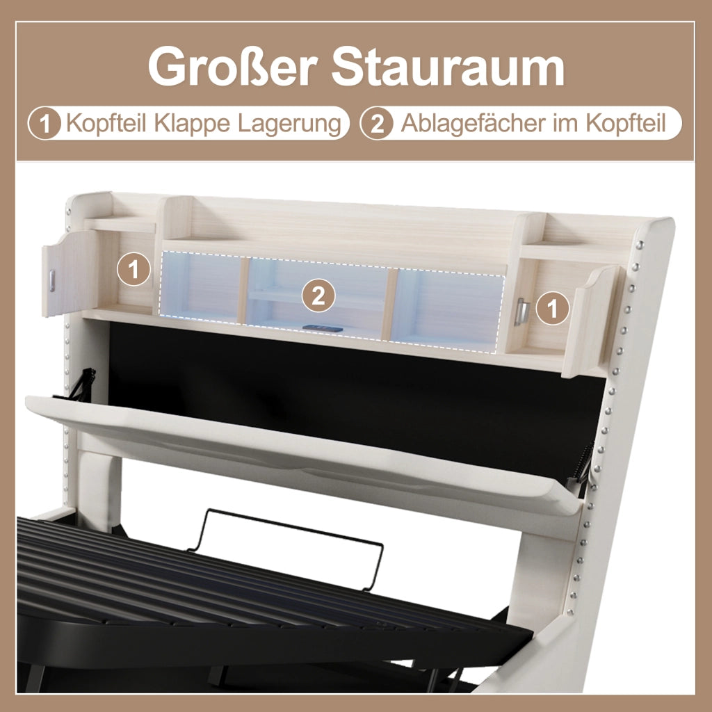 Letto Contenitore Letto Matrimoniale 140x200 cm con USB; Type-C; LED e vano testiera - Beige