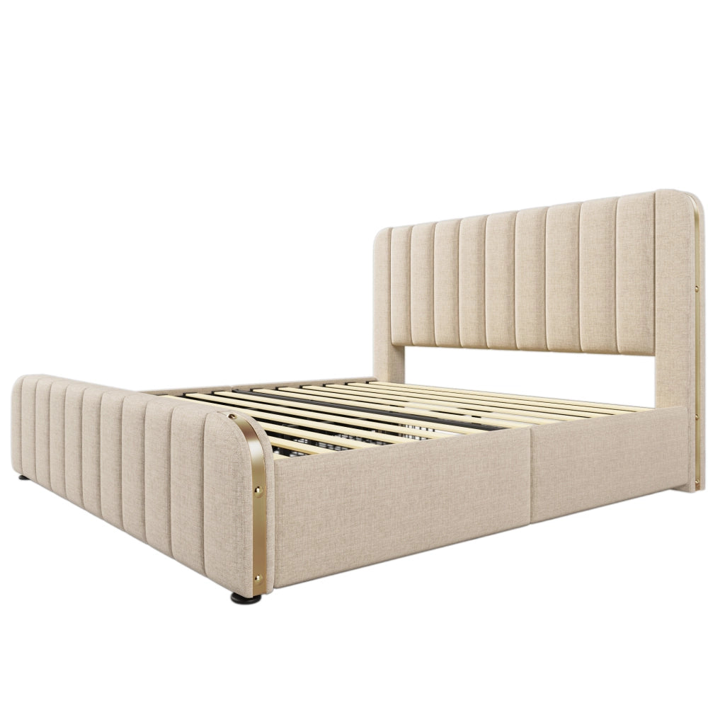 Letto matrimoniale imbottito con testiera USB e 4 cassetti, beige