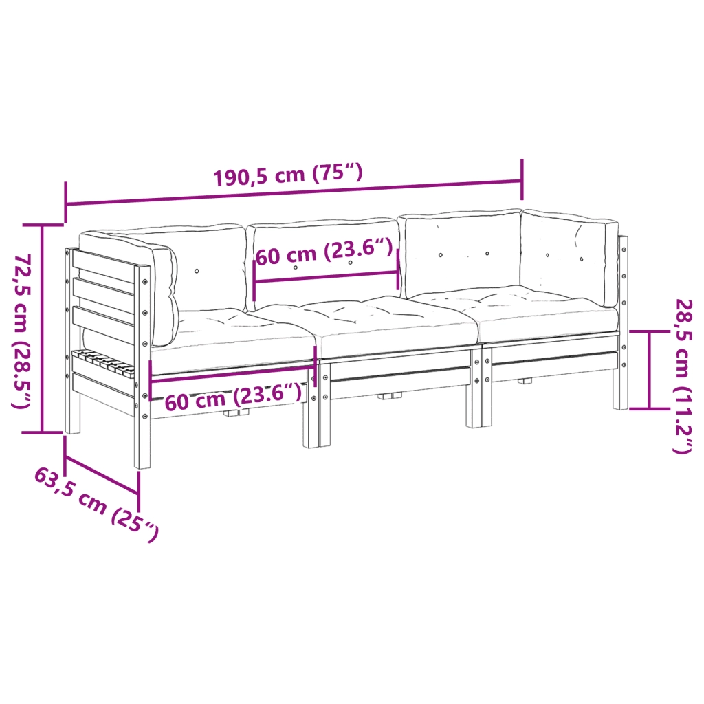 Set Divani Giardino 3 pz | Set Salotto da Giardino con Cuscini Marrone Cera Massello Pino