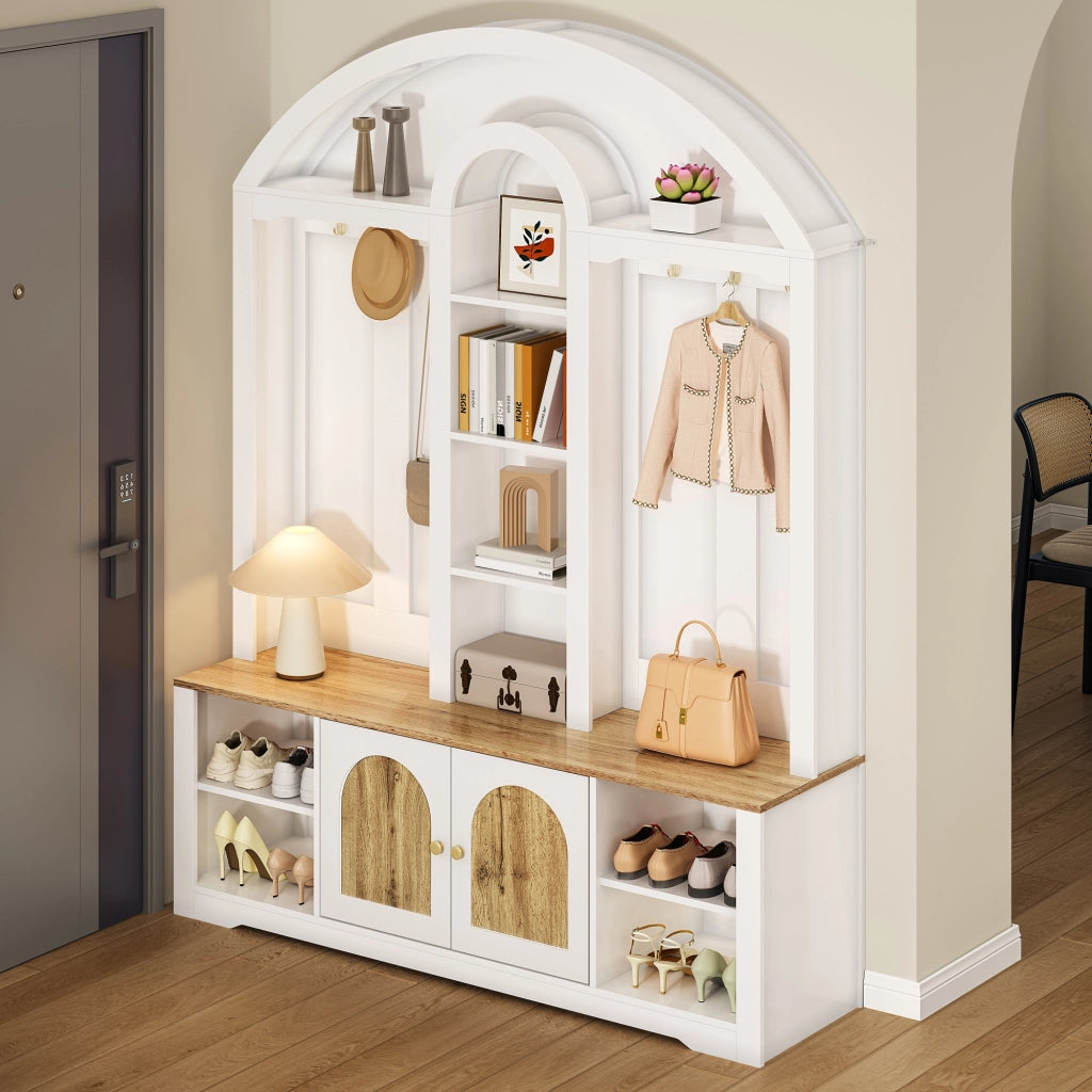 Mobile d'ingresso con 2 Ante; 3 Nicchie e Ganci; con Striscia LED USB; Stile Scandinavo; in MDF; 150??40??195 cm; Bianco