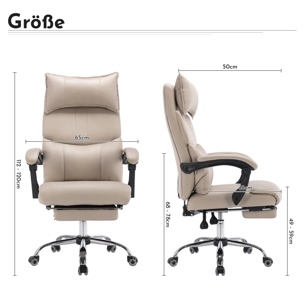 Sedia da ufficio ergonomica in tessuto tecnico beige; reclinabile; con supporto lombare e poggiapiedi