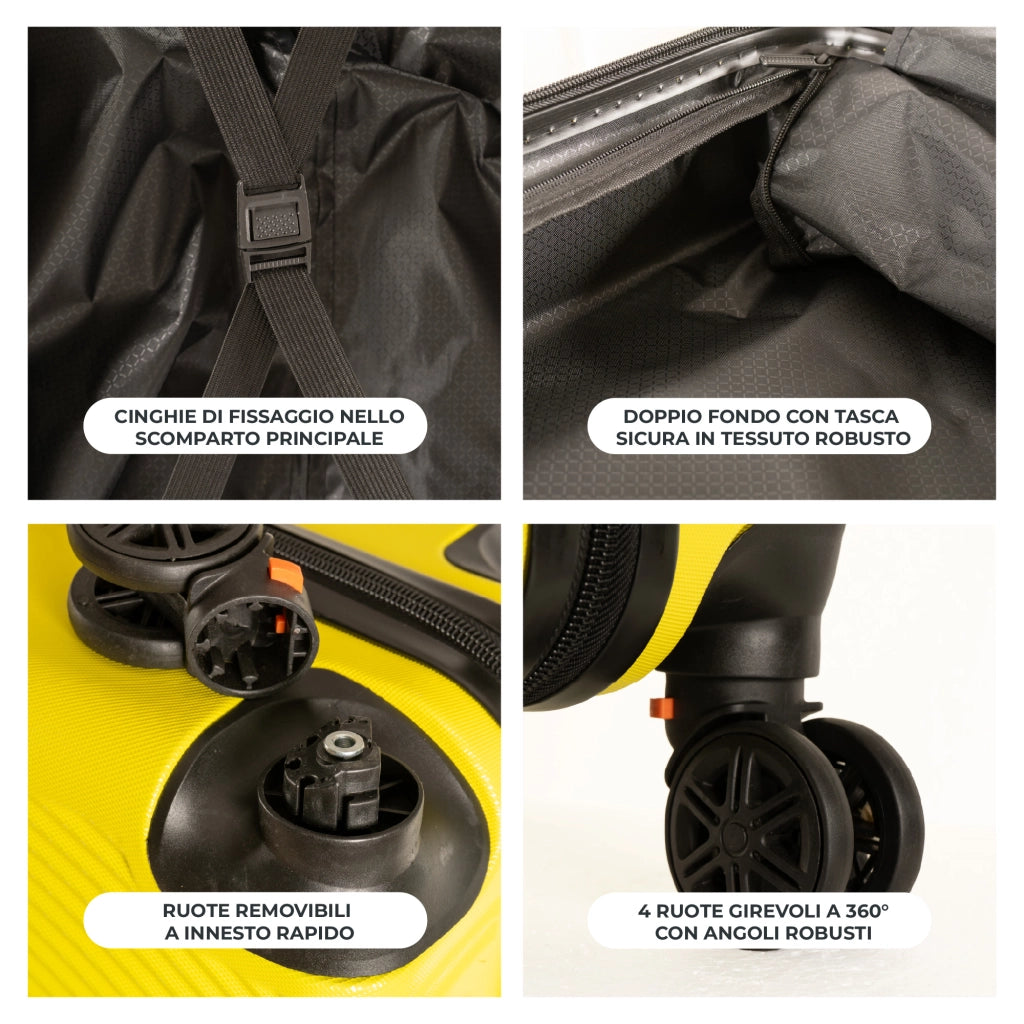 Trolley Bagaglio Mano Rigido 54x33x22 Piccolo Ultraleggero Valigia In Abs Con 4 Ruote Rimovibili Manico Chiusura Di Sicurezza Per Compagnie Low Cost Economy Zaino Da Viaggio Giallo