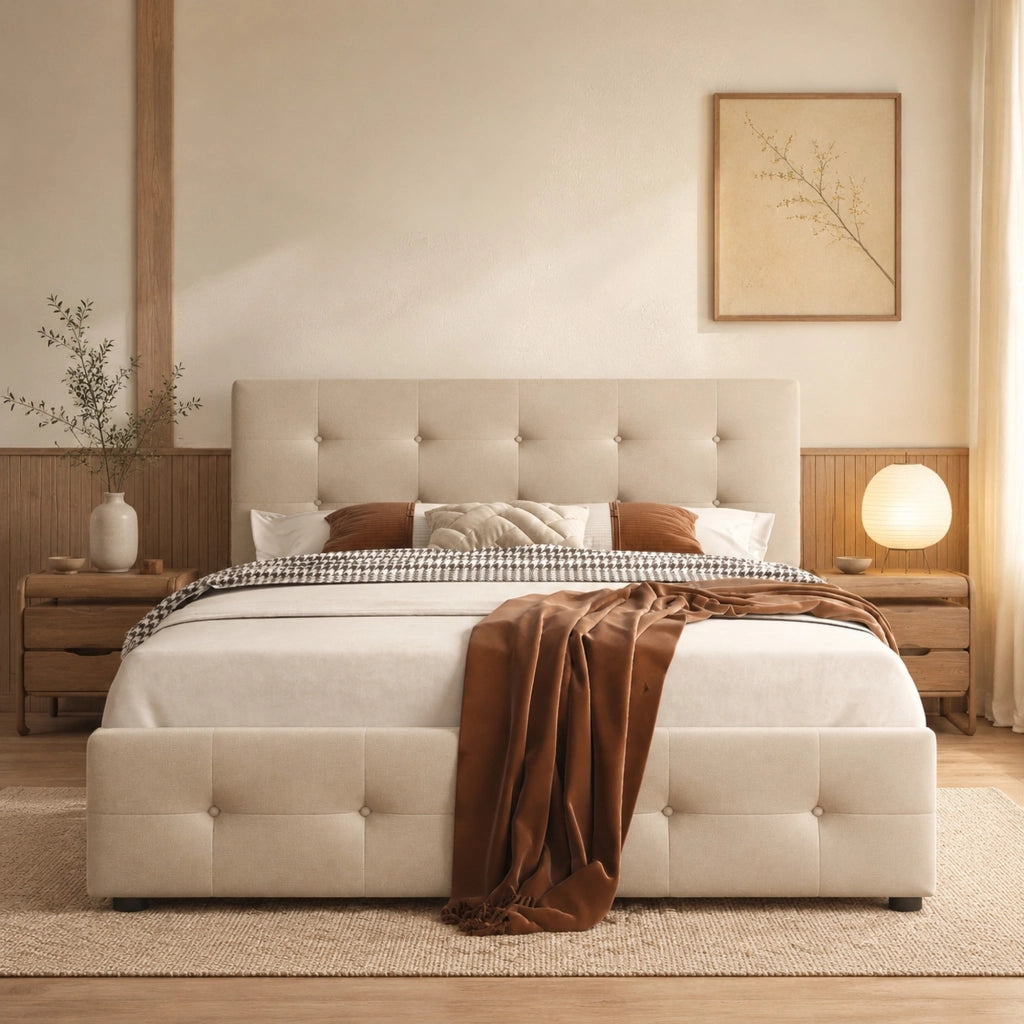 Letto imbottito 140x200 cm con 4 cassetti; struttura in acciaio; beige