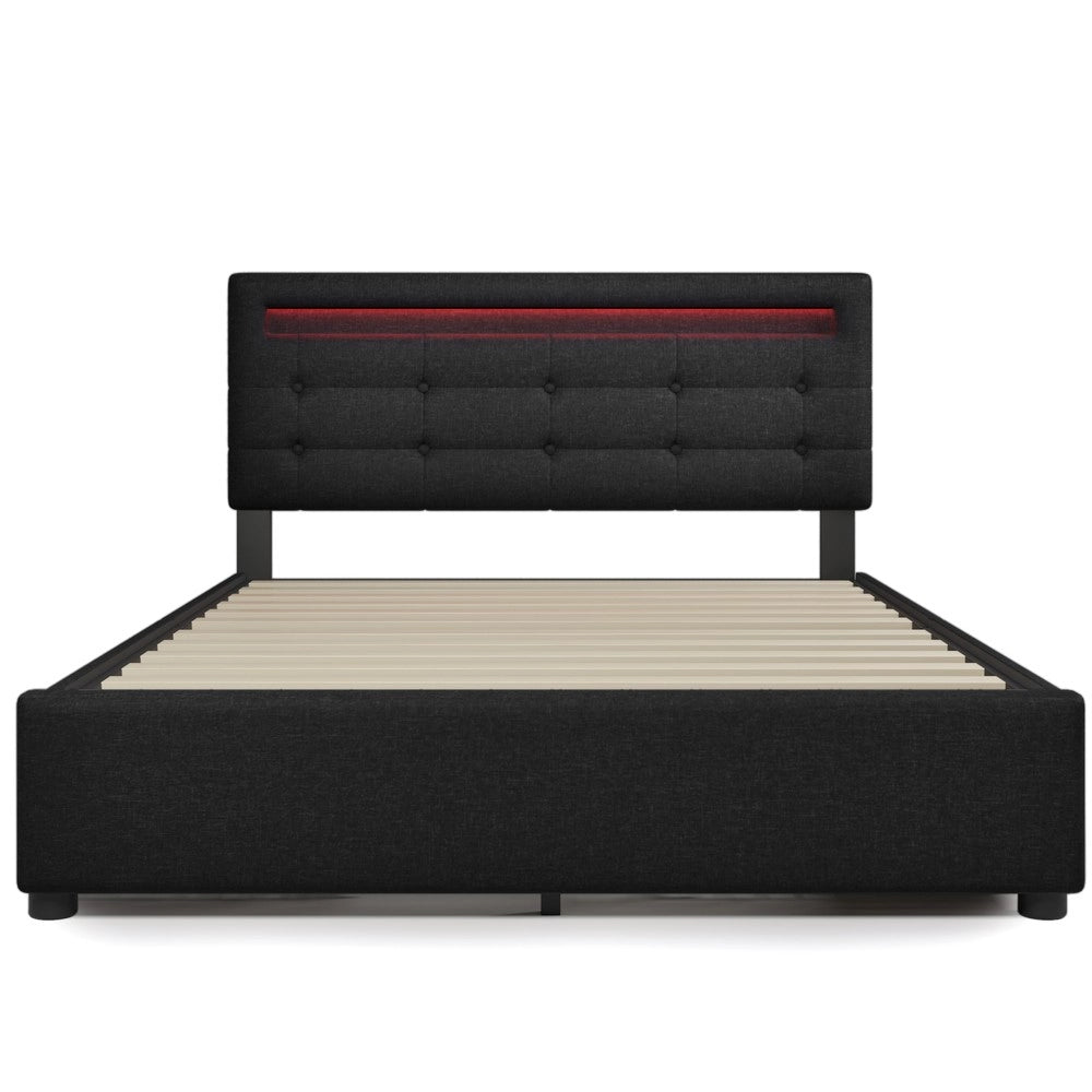 Letto Contenitore Imbottito con LED e Cassetti ¨C Xylo ¨C Nero 140x200 con Materasso