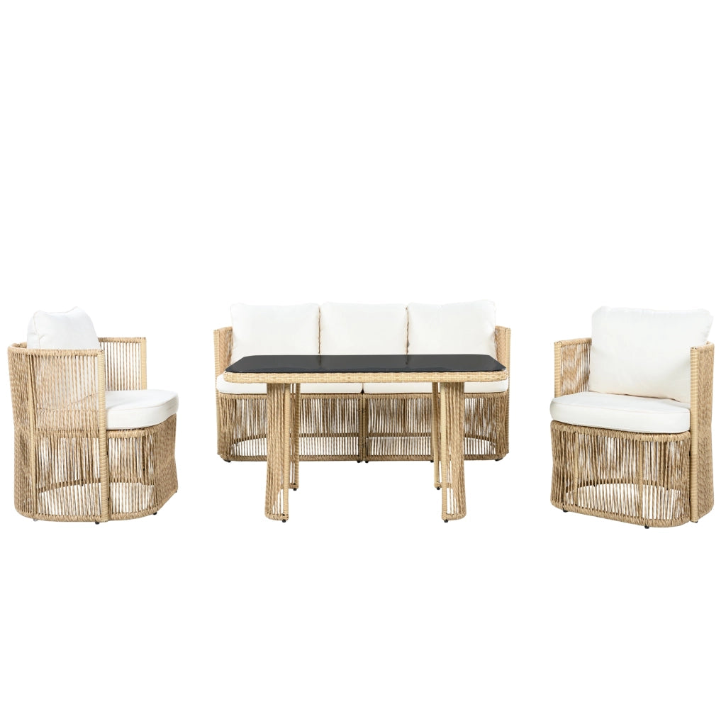 Set Salotto da Giardino 4 Pezzi in Polyrattan ¨C MINIMAL ¨C Divano 3 Posti, 2 Poltrone, Tavolo Vetro, Cuscini