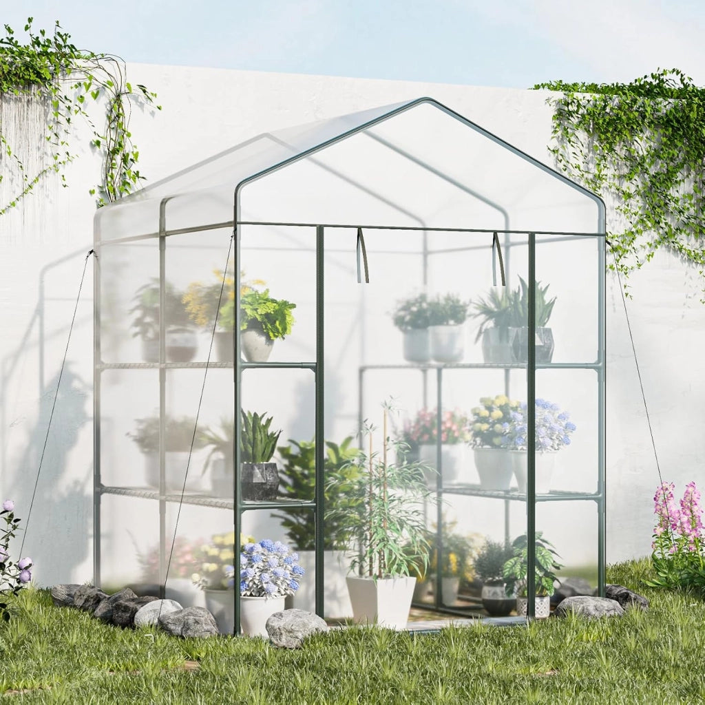 Serra da Giardino con 8 Ripiani, Telo Trasparente in PVC, Porta Avvolgibile con Cerniera, Telaio in Acciaio Robusto e Anticorrosione, Serra da Esterno per Piante, Fiori e Frutta
