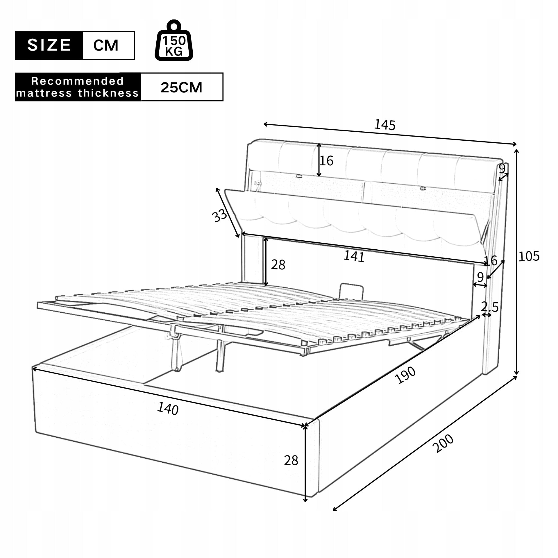Letto imbottito 140x190 - Xylo - Idraulico bianco
