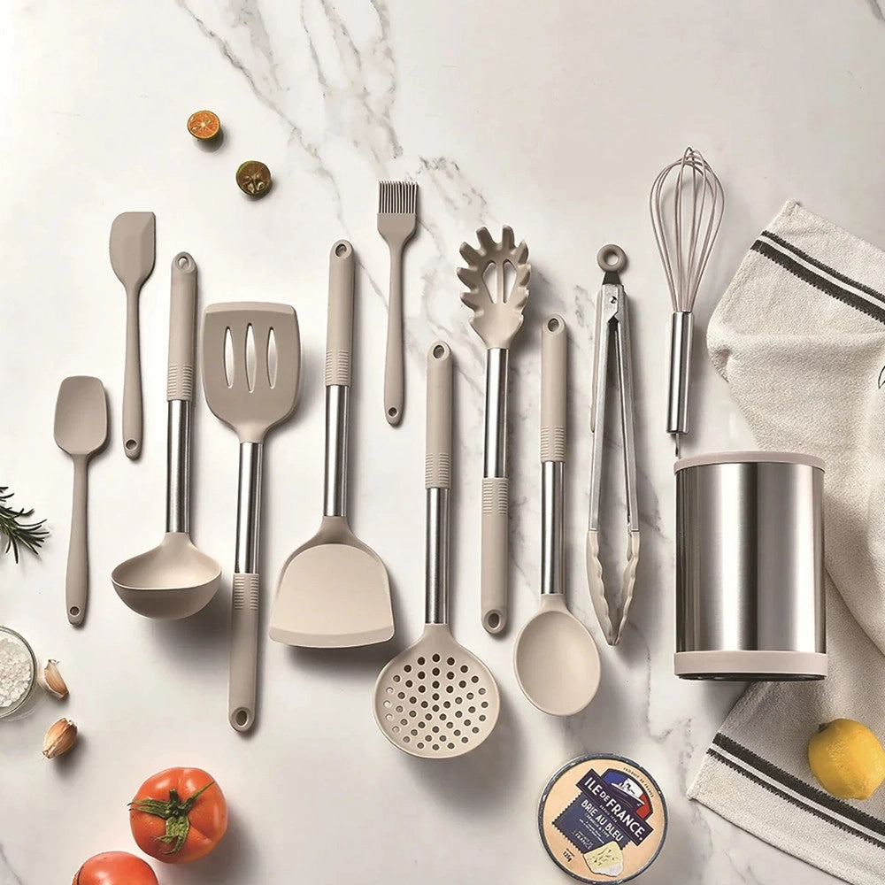 Trade Shop - Set 12pz Utensili Da Cucina Mestoli In Silicone Acciaio Antiaderente Portaposate Girevole -
