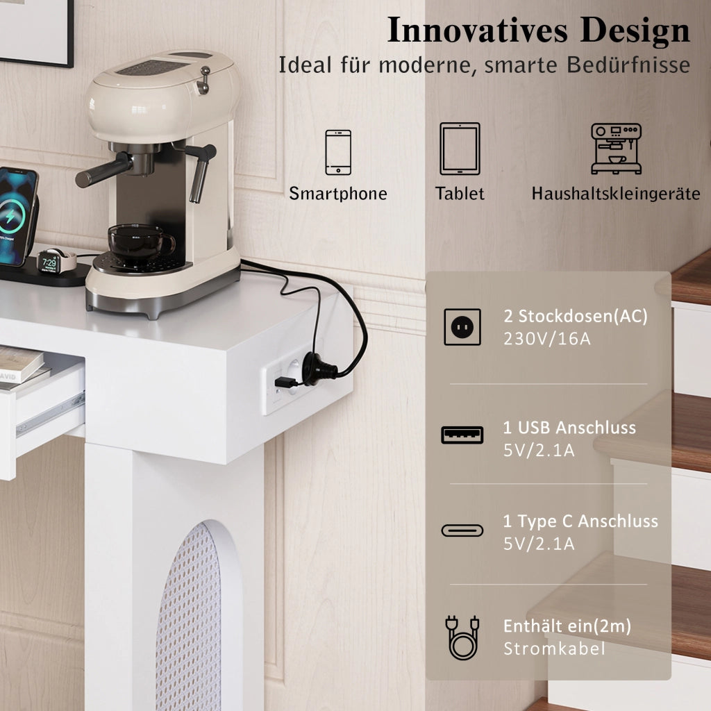 Consolle in MDF con 2 cassetti e presa integrata, design a griglia, per ingresso e soggiorno, bianco, 120 × 35,5 × 76,5 cm