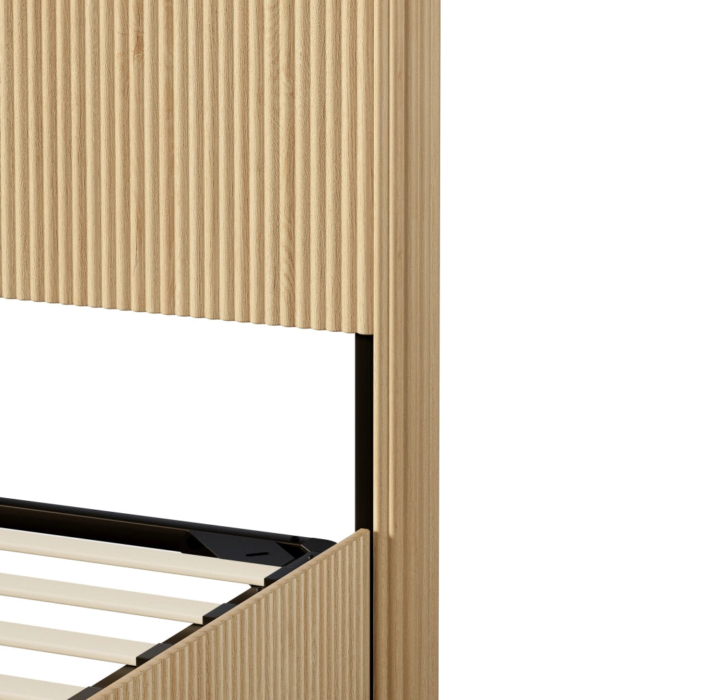 Letto 140x200 cm con contenitore e sistema idraulico in MDF e metallo; colore rovere chiaro