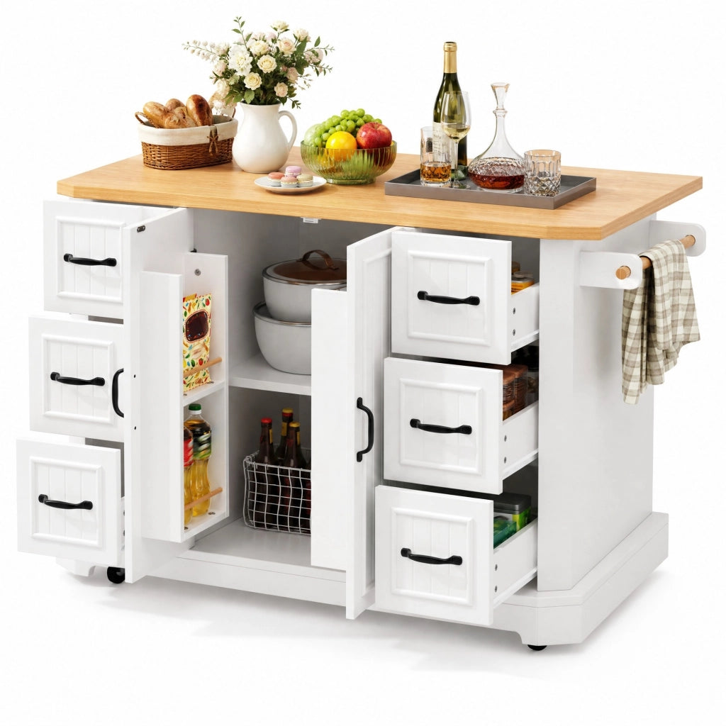 Isola da cucina 120x45x91 cm bianca in MDF e metallo; 6 cassetti su ruote