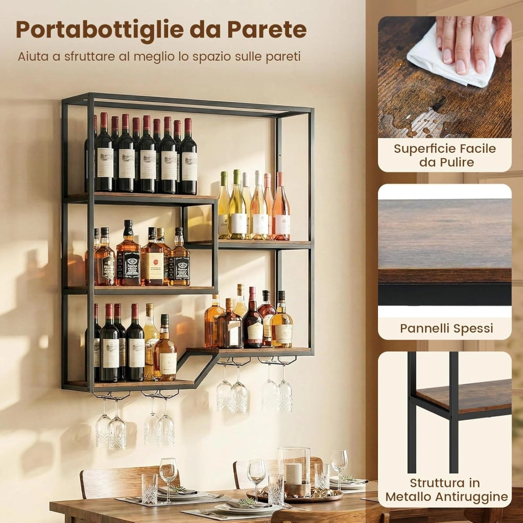 Portabottiglie da Parete, Portabottiglie di Vino Industriale in Metallo e Legno con 6 Mensole a Doppio Lato, Espositore Cantinetta Sospeso per Bar, Cucina e Ristorante, 102 x 30 x 112 cm