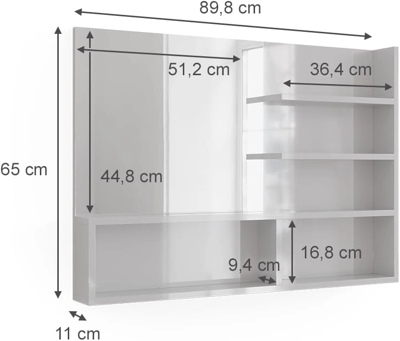 Specchio bagno, Bianco lucido, 89.8 x 65 cm con scomparti aperti, con cinque ripiani aperti per la conservazione degli accessori da bagno