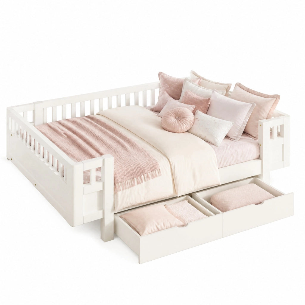 Letto per Bambini 140x200 cm; Letto con Sponda; 2 Cassetti - in Legno Massello e MDF - Bianco