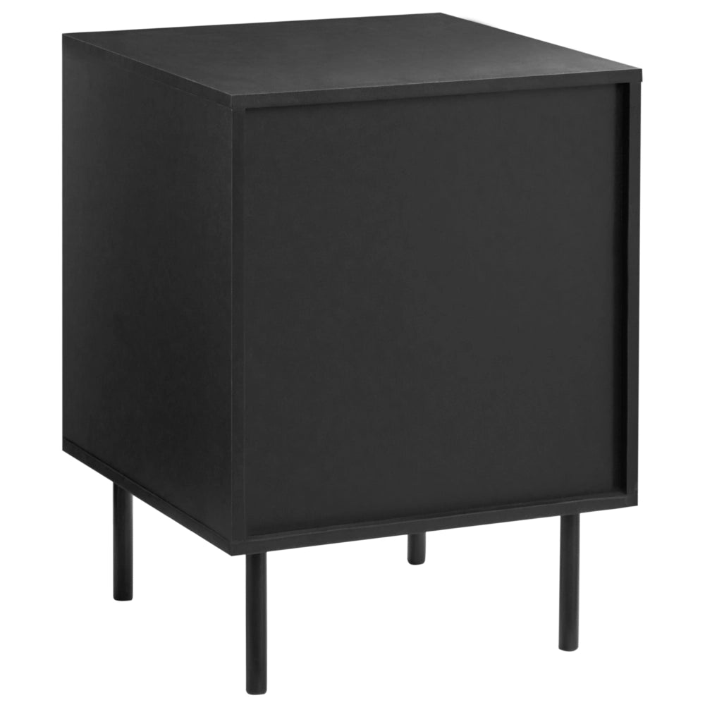 Comodino a 2 cassetti in truciolato nero con gambe in metallo mobile contenitore moderno design scanalato camera da letto