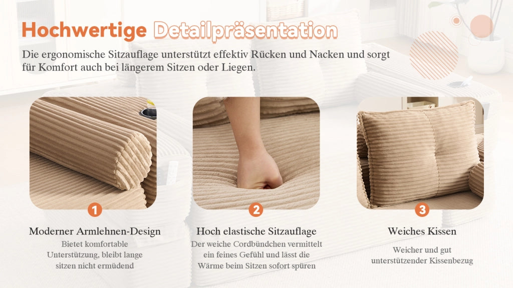 Divano letto modulare in tessuto corduroy con cuscini memory, tasche laterali e portabicchieri, khaki