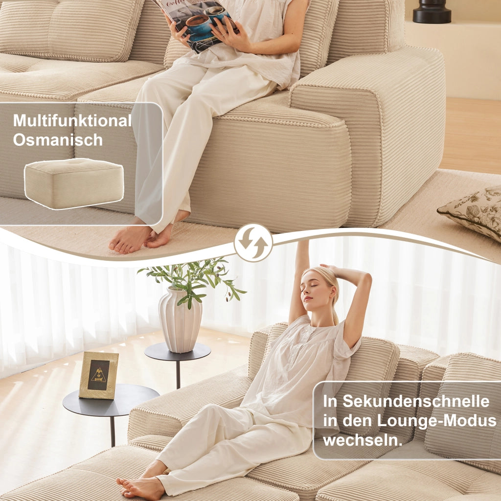 Divano angolare modulare in corda con funzione letto e 3 pouf, seduta profonda, beige