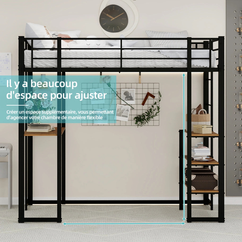 Letto a soppalco con scrivania e scale su entrambi i lati in ferro nero