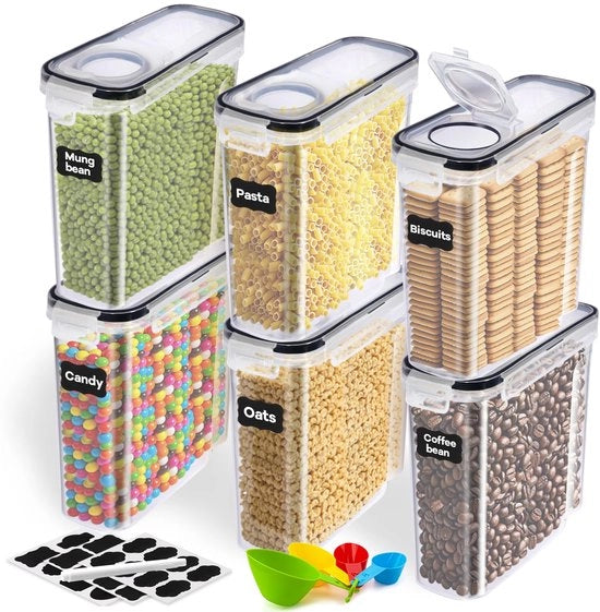 Set di contenitori di conservazione, BPA libero, contenitore per cereali, cassetta di conservazione della cucina, contenitore di conservazione a chiusura ermetica della cucina, 24 etichette per cereali, farina, ecc., una penna, quattro cucchiai (6)