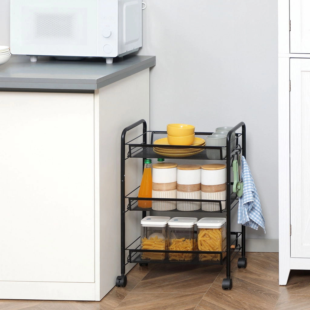 CARRELLO DA CUCINA A 3 LIVELLI CON CESTI REMOVIBILI 41.5LX26.5X63CM ACCIAIO NERO