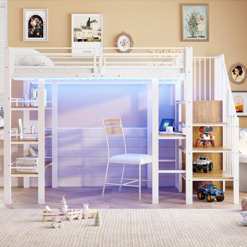 Letto a soppalco 90x200 cm con scrivania, LED e presa