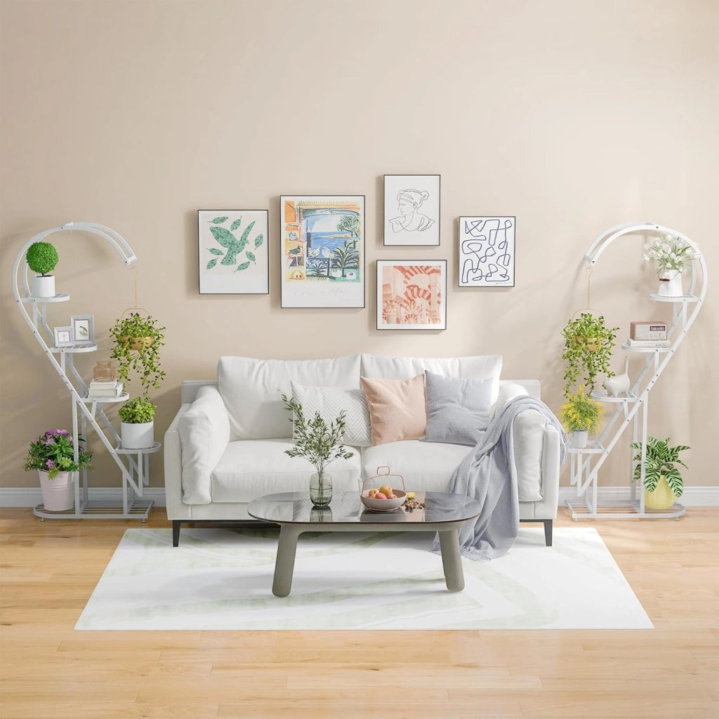 Scaffale per Piante in Metallo a 5 Livelli, Porta Piante a Forma di Cuore con Gancio, Scaffale per Fiori per Soggiorno, Camera da Letto e Balcone (Bianco)