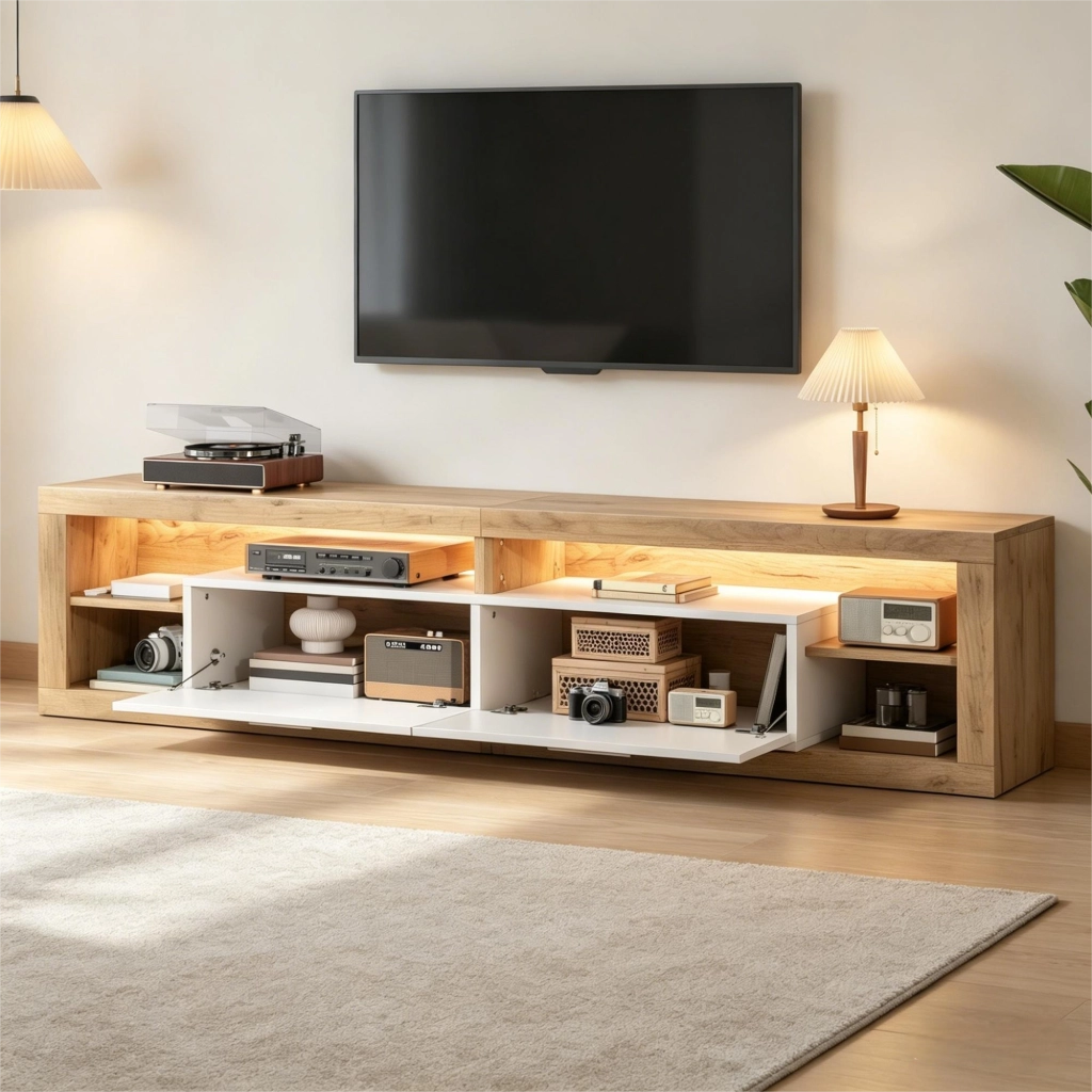 Mobile TV con 2 cassetti e 4 vani; LED controllata da app - per soggiorno - 180×35.5×50 cm - in truciolare - naturale