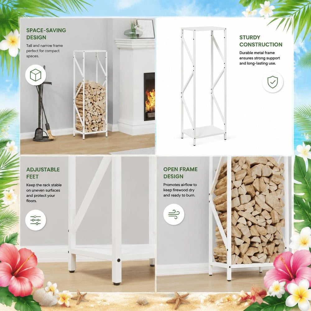 Porta legna bianco, 34x25x100 cm, in acciaio laminato a freddo – robusto e resistente, ideale per esterni, giardino e camino, pratico e durevole