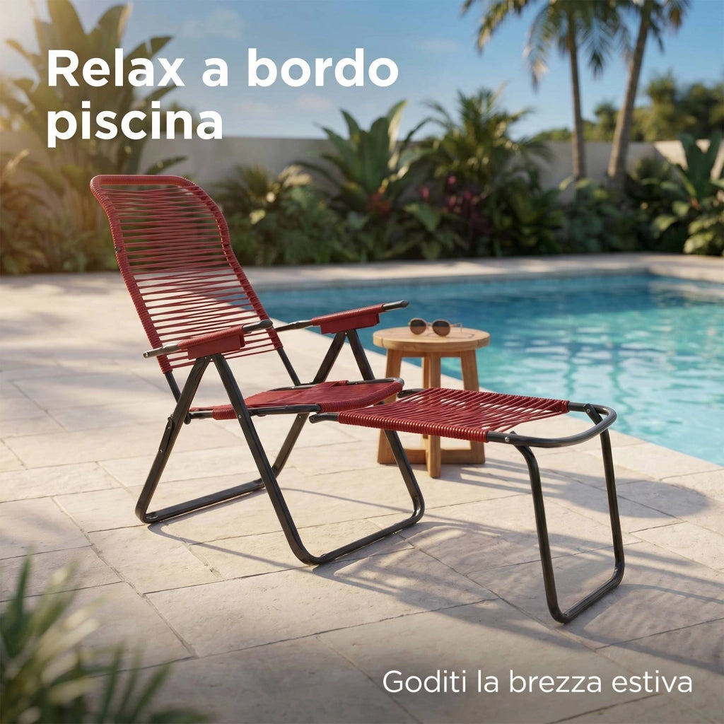 Marvin Sdraio Cordonata con Poggiapiedi Sedia a Sdraio da Giardino Filo in Pvc Pieghevole Metallo Poltrona Relax d Rosso