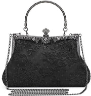 Borsa da sera per donna stile anni '20 con fiori neri elegante con cinturino e catenella, tasca laterale piccola