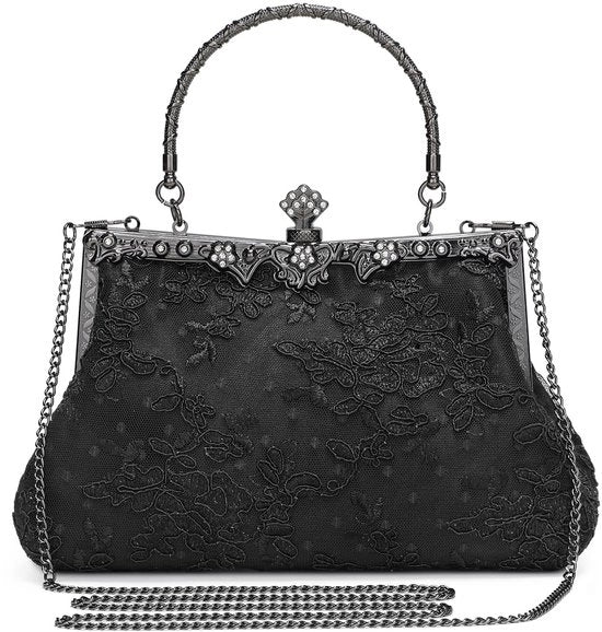 Borsa da sera per donna stile anni '20 con fiori neri elegante con cinturino e catenella, tasca laterale piccola
