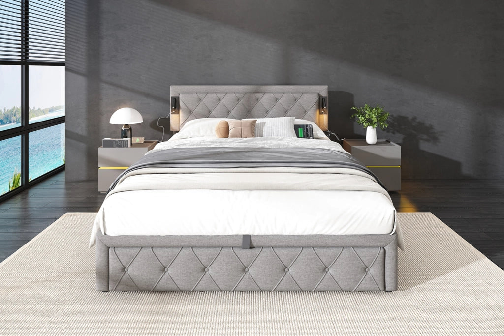 DESMIU Lit coffre 2 places avec LED, USB e contenitore, sans matelas, in lino, grigio