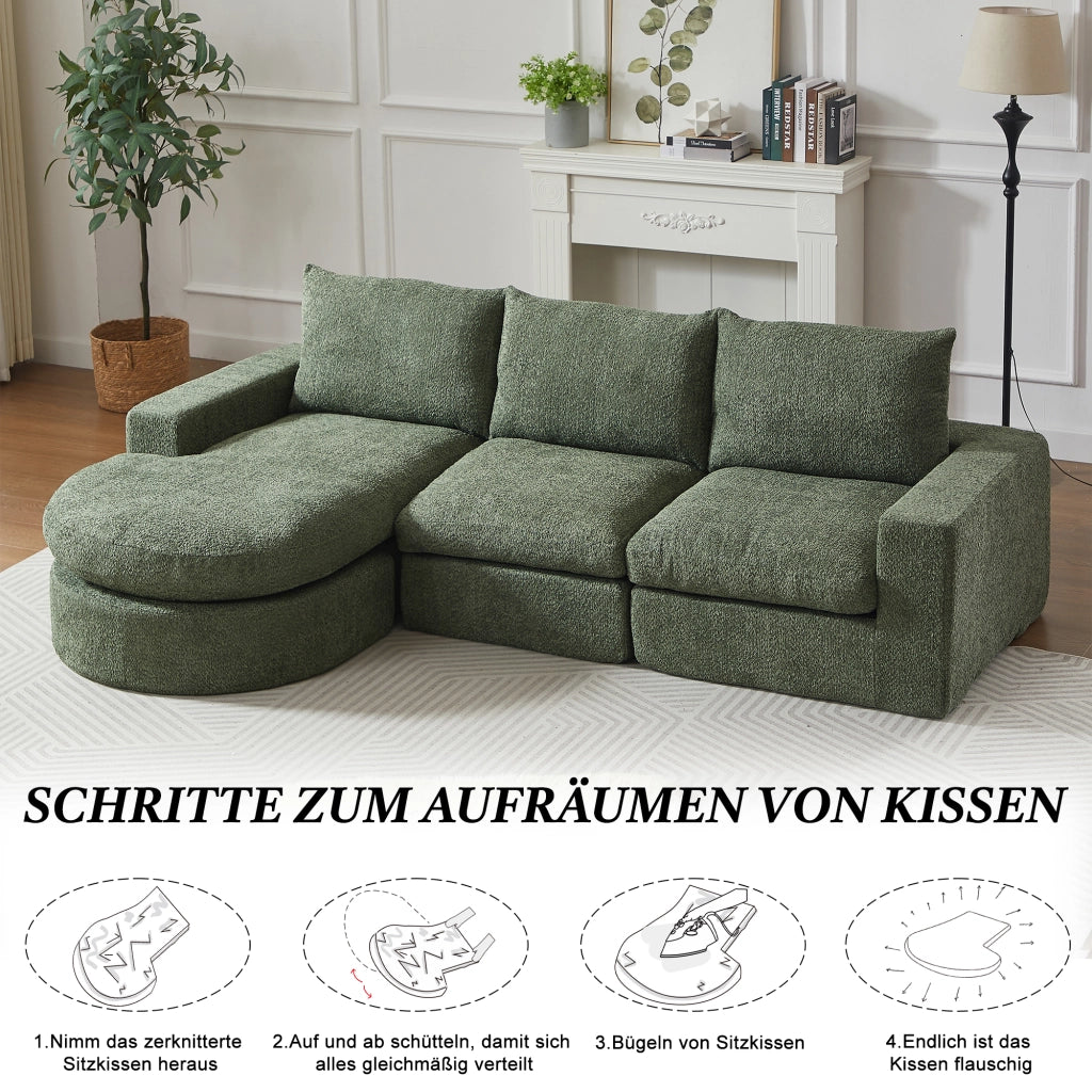 Divano angolare modulare in ciniglia con chaise longue reversibile, cuscini per il collo e verde 251 × 160 × 81 cm