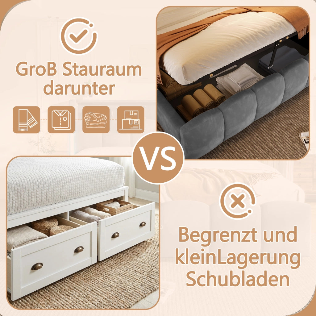 Letto imbottito 180x200 LED testiera stivaggio idraulico USB/Type-C velluto