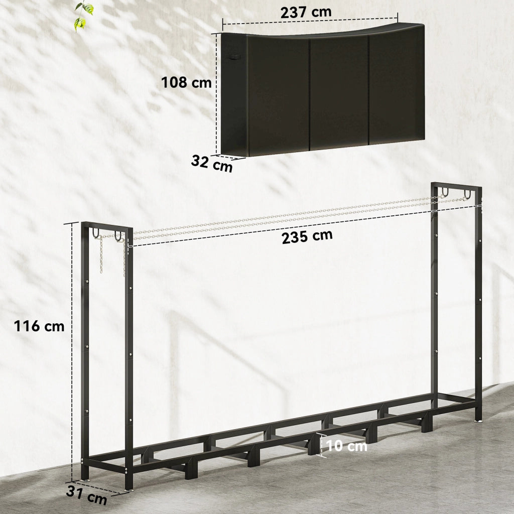 Legnaia da Esterno 235x31x116 cm con Telo Impermeabile e Struttura Regolabile in Metallo Nero