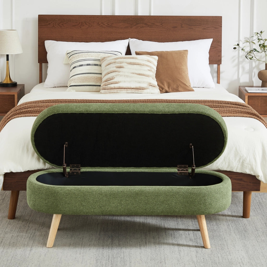 Panca contenitore imbottita con vano portaoggetti in chenille con fori di ventilazione verde 112 × 42 × 24,8 cm