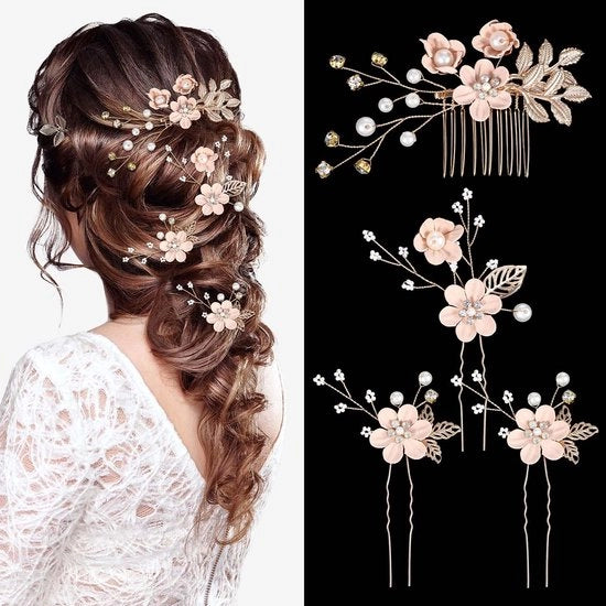 Accessori per Capelli per Matrimonio - Fiori Rosa per Matrimonio - Clip per Capelli con Diamanti - Accessori per Capelli con Cristallo - Diadema con Perle - Capelli in Alto per Donne - Ragazze - Festa - Prom - Sorelle d'Onore